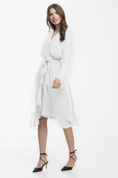 Rochie eleganta din matase naturala si vascoza, petrecuta, cu maneci vaporoase si croiala asimetrica, alba imagine