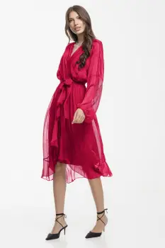 Rochie eleganta din matase si vascoza, petrecuta, cu maneci vaporoase si croiala asimetrica, fucsia inchis imagine