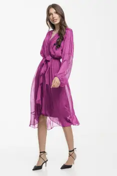 Rochie eleganta din matase si vascoza, petrecuta, cu maneci vaporoase si croiala asimetrica, mov zmeura imagine