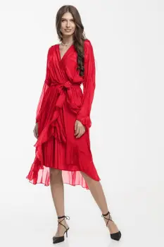 Rochie eleganta din matase si vascoza, petrecuta, cu maneci vaporoase si croiala asimetrica, rosie imagine