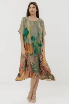 Rochie eleganta satinata A-line cu croiala lejera si imprimeu floral in tonuri bej-verde-oranj imagine