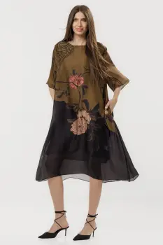 Rochie eleganta satinata A-line cu croiala lejera si imprimeu floral in tonuri de maro si negru imagine