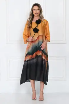 Rochie eleganta satinata A-line cu imprimeu artistic si croi lejer fluid, auriu-caramel-negru imagine