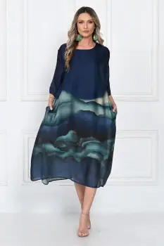 Rochie eleganta satinata A-line cu imprimeu artistic si croi lejer fluid, bleumarin-turcoaz imagine