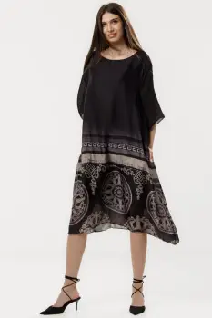 Rochie eleganta satinata A-line cu imprimeu baroc si croi lejer elegant, alb-negru imagine