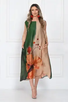 Rochie eleganta satinata A-line cu imprimeu floral artistic si croi lejer fluid, verde-bej-caramel imagine