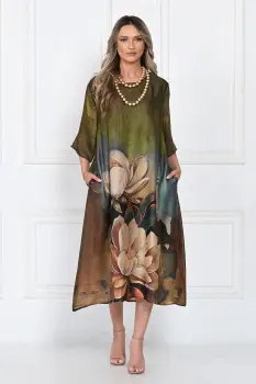 Rochie eleganta satinata A-line cu imprimeu floral artistic si croi lejer fluid, verde-olive-maro-bej imagine
