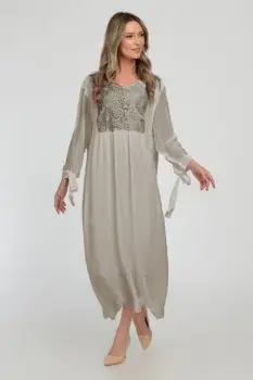 Rochie fango lunga, din matase naturala cu platca din dantela pe fata si pe spate imagine