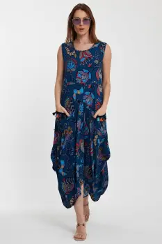 Rochie fara maneci albastra, lalea, in colturi, cu imprimeu, din vascoza imagine