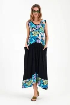 Rochie fara maneci, cu imprimeu turcoaz-lila, din vascoza imagine