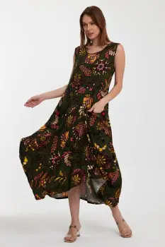 Rochie fara maneci kaki, lalea, in colturi, cu imprimeu, din vascoza imagine