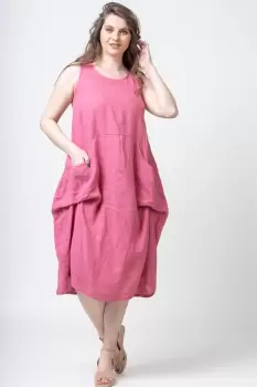 Rochie fara maneci, lalea, din in, cu falduri, roz inchis imagine