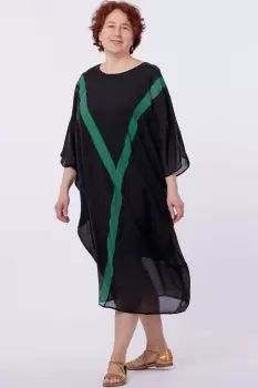 Rochie fluture, oversize, neagra, cu Y decorativ verde imagine