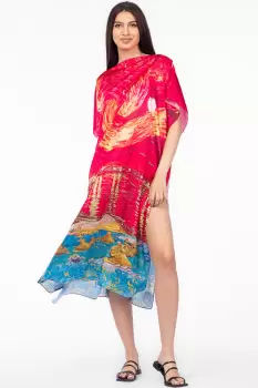 Rochie fucsia de plaja lunga tip poncho din matase cu reproducere dupa Noapte Instelata deasupra Rhonului de Claude Monet imagine