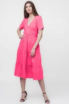 Rochie fucsia din in cu volane si bust petrecut imagine