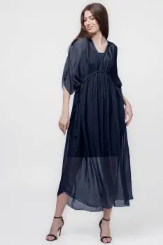 Rochie Goddess din matase naturala cu snur impletit pe decolteu si talie, bleumarin imagine