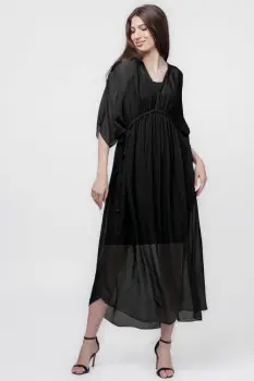 Rochie Goddess din matase naturala cu snur impletit pe decolteu si talie, neagra imagine