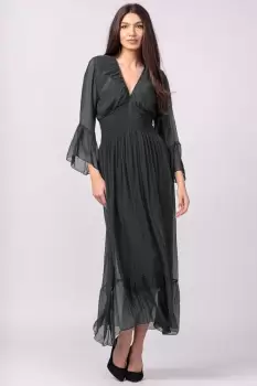 Rochie gri antracit din matase naturala cu banda elastica in talie si volane imagine
