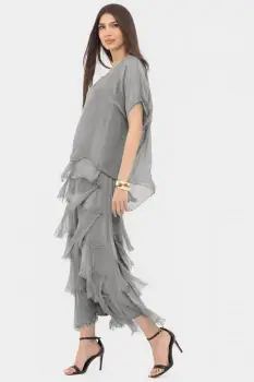 Rochie gri din matase naturala cu volane franjurate suprapuse imagine