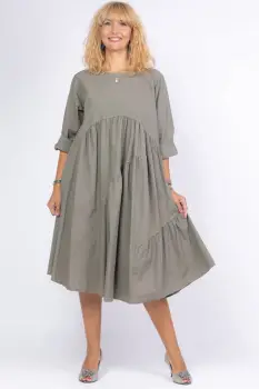 Rochie gri oversize, cu maneca scurta, cu trei volane asimetrice, din poplin satinat imagine