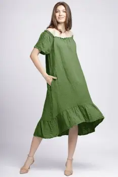Rochie in colturi din in verde oliv, cu decolteu pe elastic si volan la poale imagine