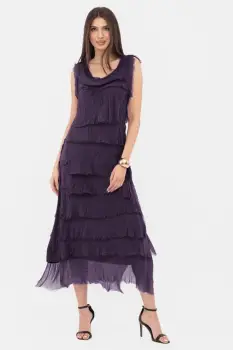 Rochie indigo din matase naturala cu volane franjurate suprapuse, fara maneci imagine