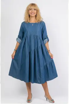 Rochie jeans deschis oversize, cu trei volane asimetrice, din bumbac imagine