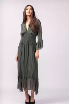 Rochie kaki din matase naturala cu banda elastica in talie si volane imagine