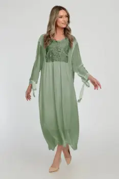 Rochie kaki lunga, din matase naturala cu platca din dantela pe fata si pe spate imagine