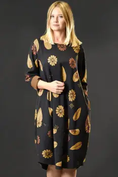 Rochie lalea calduroasa neagra cu imprimeu vegetal caramiziu si galben imagine