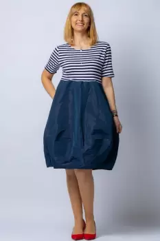 Rochie lalea cu imprimeu marinar alb negru si tafta bleumarin imagine