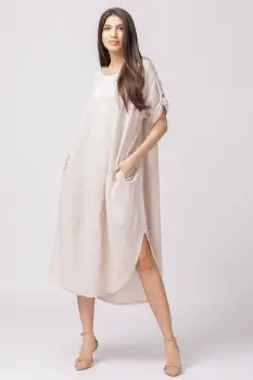 Rochie lalea oversize din in cu buzunare si crapaturi laterale rotunjite, bej imagine