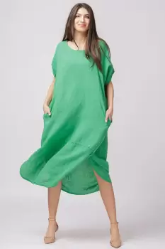 Rochie lalea oversize din in cu buzunare si crapaturi laterale rotunjite, verde imagine