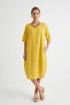 Rochie lejera de vara din in cu croi lalea oversized, galben turmeric imagine