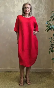 Rochie lejera de vara din in cu croi lalea oversized, rosie imagine