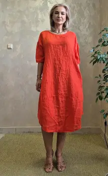 Rochie lejera de vara din in cu croi lalea oversized, rosu tangerin imagine