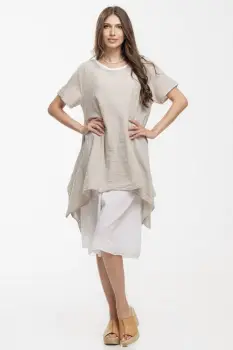 Rochie lejera din bumbac cu doua straturi si croi asimetric, alb-bej imagine