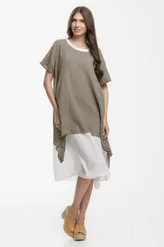 Rochie lejera din bumbac cu doua straturi si croi asimetric, alb-bej inchis imagine