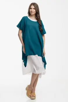 Rochie lejera din bumbac cu doua straturi si croi asimetric, alb - turcoaz inchis imagine