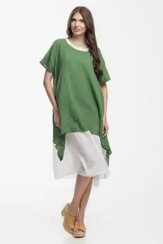 Rochie lejera din bumbac cu doua straturi si croi asimetric, alb-verde imagine