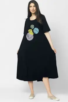 Rochie lunga A-line, bleumarin, cu imprimeu chip stilizat imagine