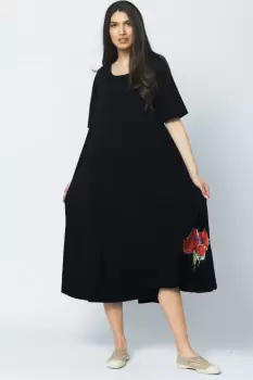 Rochie lunga A-line, bleumarin, cu imprimeu maci imagine