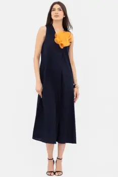 Rochie lunga A-line cu decolteu in V, din poplin de bumbac, bleumarin imagine