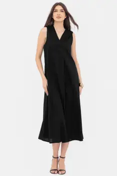 Rochie lunga A-line cu decolteu in V, din poplin de bumbac, neagra imagine