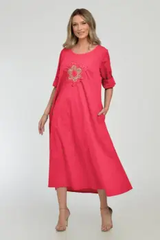 Rochie lunga A-line cu floare paiete aurii mate, din poplin de bumbac, fucsia imagine