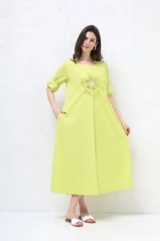 Rochie lunga A-line cu floare paiete aurii mate, din poplin de bumbac, verde lime imagine