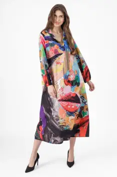 Rochie lunga A-line cu imprimeu chip multicolor cu maneca lunga cu elastic imagine