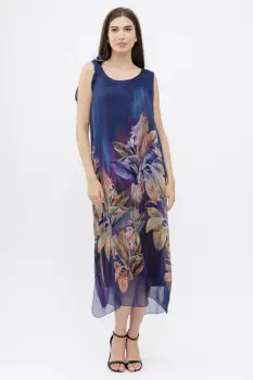 Rochie lunga A-line, cu imprimeu vegetal pe fond bleumarin imagine
