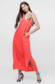 Rochie lunga A-line din in, fara maneci, corai imagine