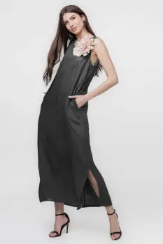 Rochie lunga A-line din in, fara maneci, gri imagine